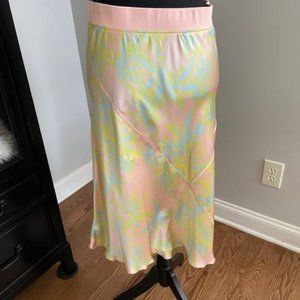 ATM Womens Abstract Palm A Line Silk Skirt Pink Blue Yellow Pastel NWOT Medium